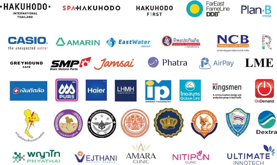 Advertising Agency และองค์กรชั้นนำที่ไว้วางใจ เช่น Hakuhodo, FarEast FameLine DDB, CASIO, Amarin