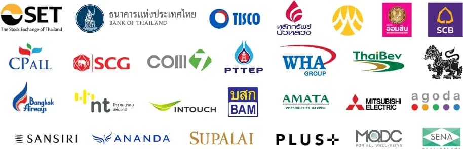 บริษัทมหาชนและสถาบันการเงินที่ไว้วางใจ เช่น ตลาดหลักทรัพย์แห่งประเทศไทย ธนาคารแห่งประเทศไทย SCB SCG ThaiBev
